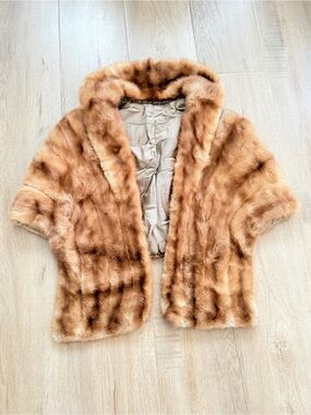 Vintage FLA Luxury Mink Fur Wrap Shrug Stole Cape Pocket Jacket Cream Brown